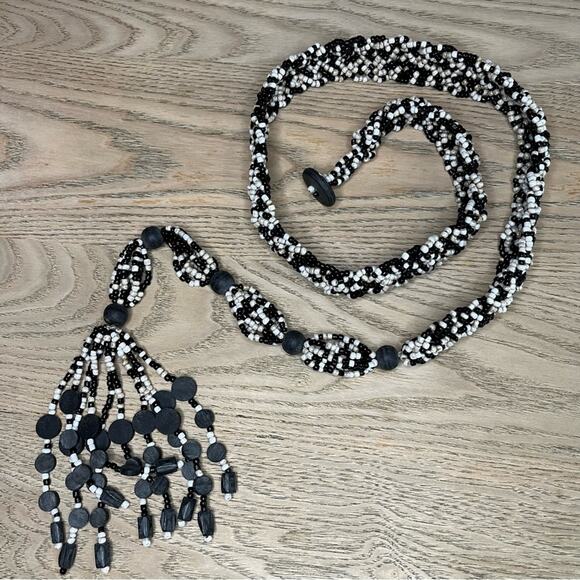Vintage Seed Beaded Belt Woven Indonesia Boho Handmade Natural Black Pearl - Picture 1 of 4